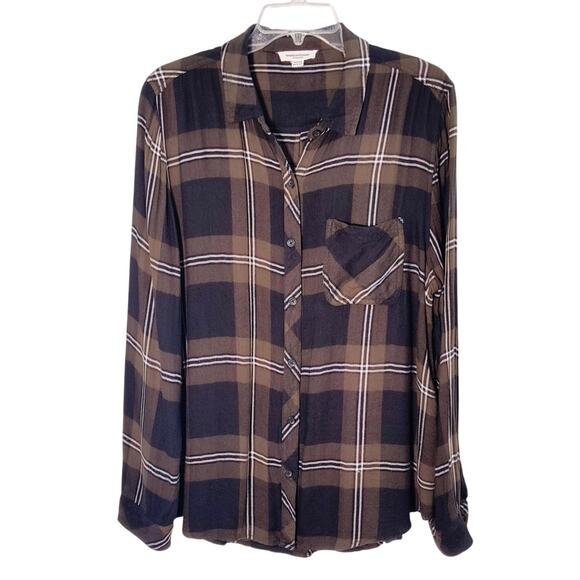 BeachLunchLounge Button Up Shirt Wmn's Sz XL Brown Check Long Sleeve - Picture 1 of 13